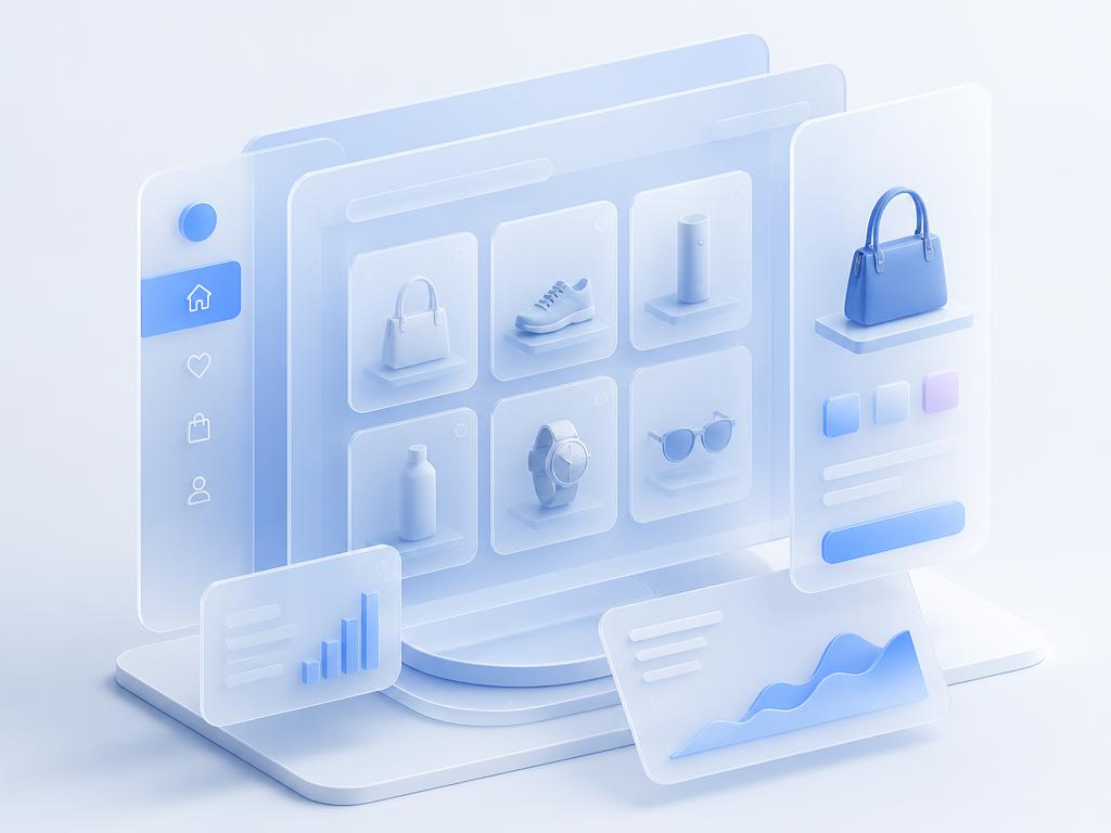 Abstract illustration of a digital storefront built from layered glass panels